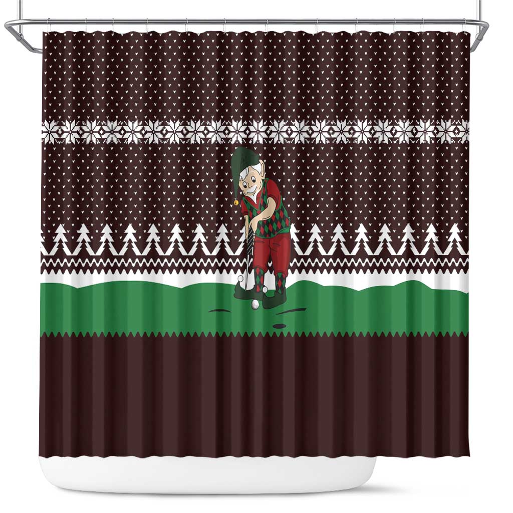 Christmas Golf Shower Curtain with Elf Golfer Argyle Plaid and Snowflake Pattern - Wonder Print Shop