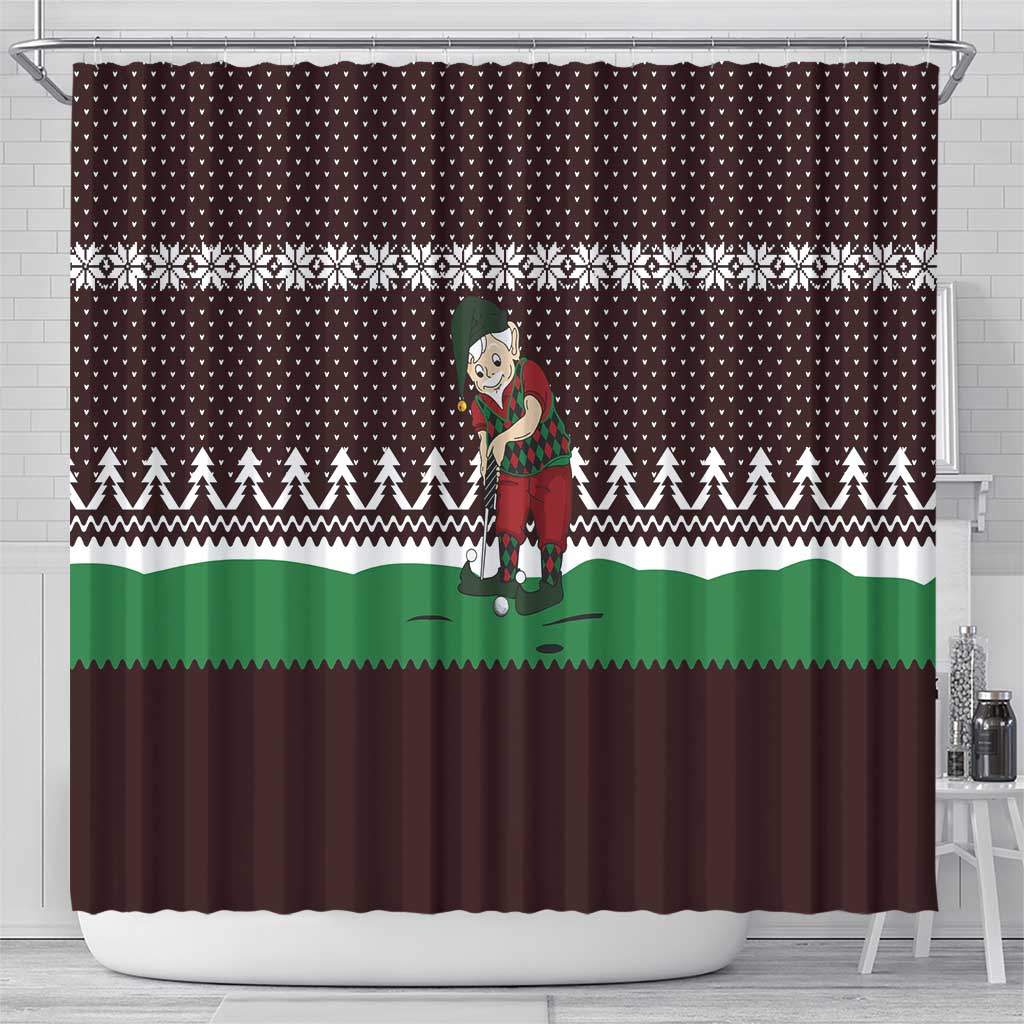 Christmas Golf Shower Curtain with Elf Golfer Argyle Plaid and Snowflake Pattern - Wonder Print Shop