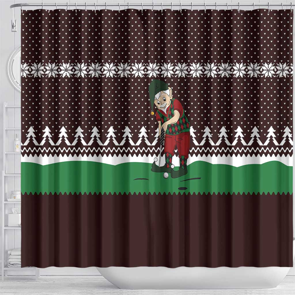 Christmas Golf Shower Curtain with Elf Golfer Argyle Plaid and Snowflake Pattern - Wonder Print Shop