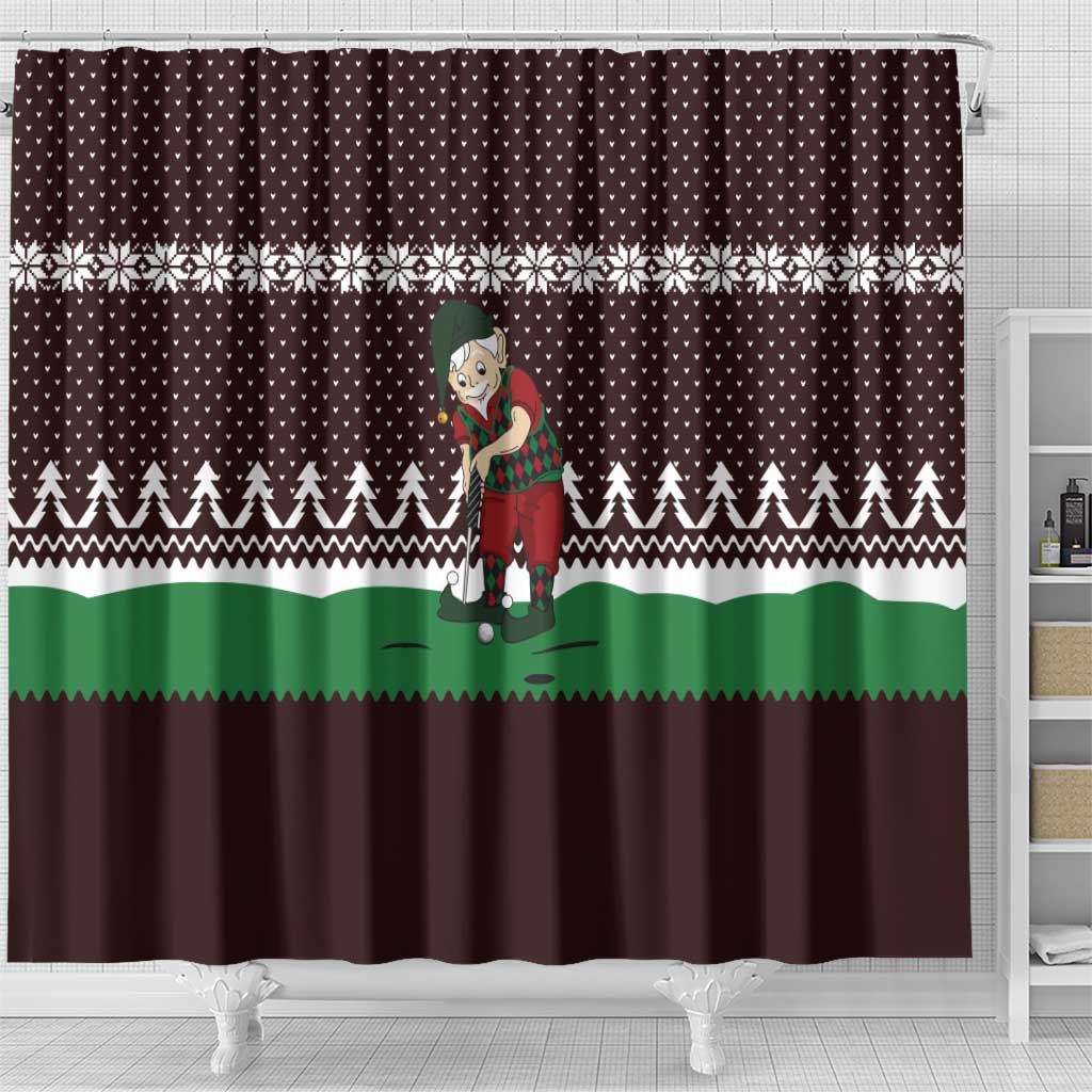 Christmas Golf Shower Curtain with Elf Golfer Argyle Plaid and Snowflake Pattern - Wonder Print Shop