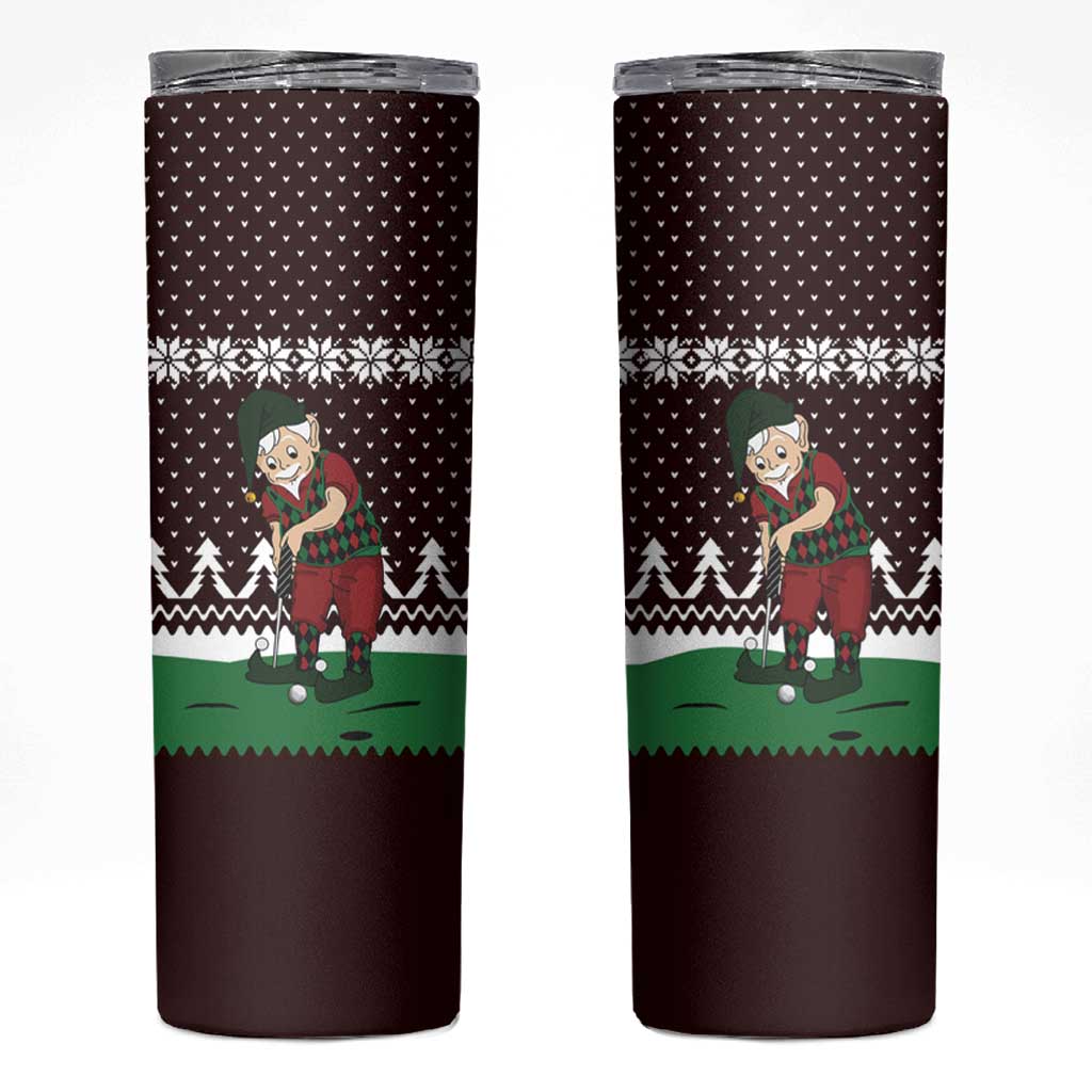 Christmas Golf Skinny Tumbler with Elf Golfer Argyle Plaid and Snowflake Pattern - Wonder Print Shop