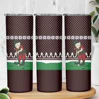 Christmas Golf Skinny Tumbler with Elf Golfer Argyle Plaid and Snowflake Pattern - Wonder Print Shop