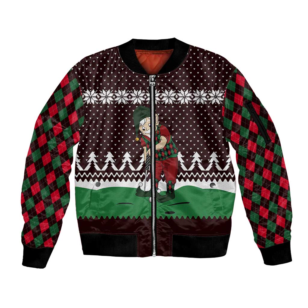 Christmas Golf Sleeve Zip Bomber Jacket with Elf Golfer Argyle Plaid and Snowflake Pattern - Wonder Print Shop