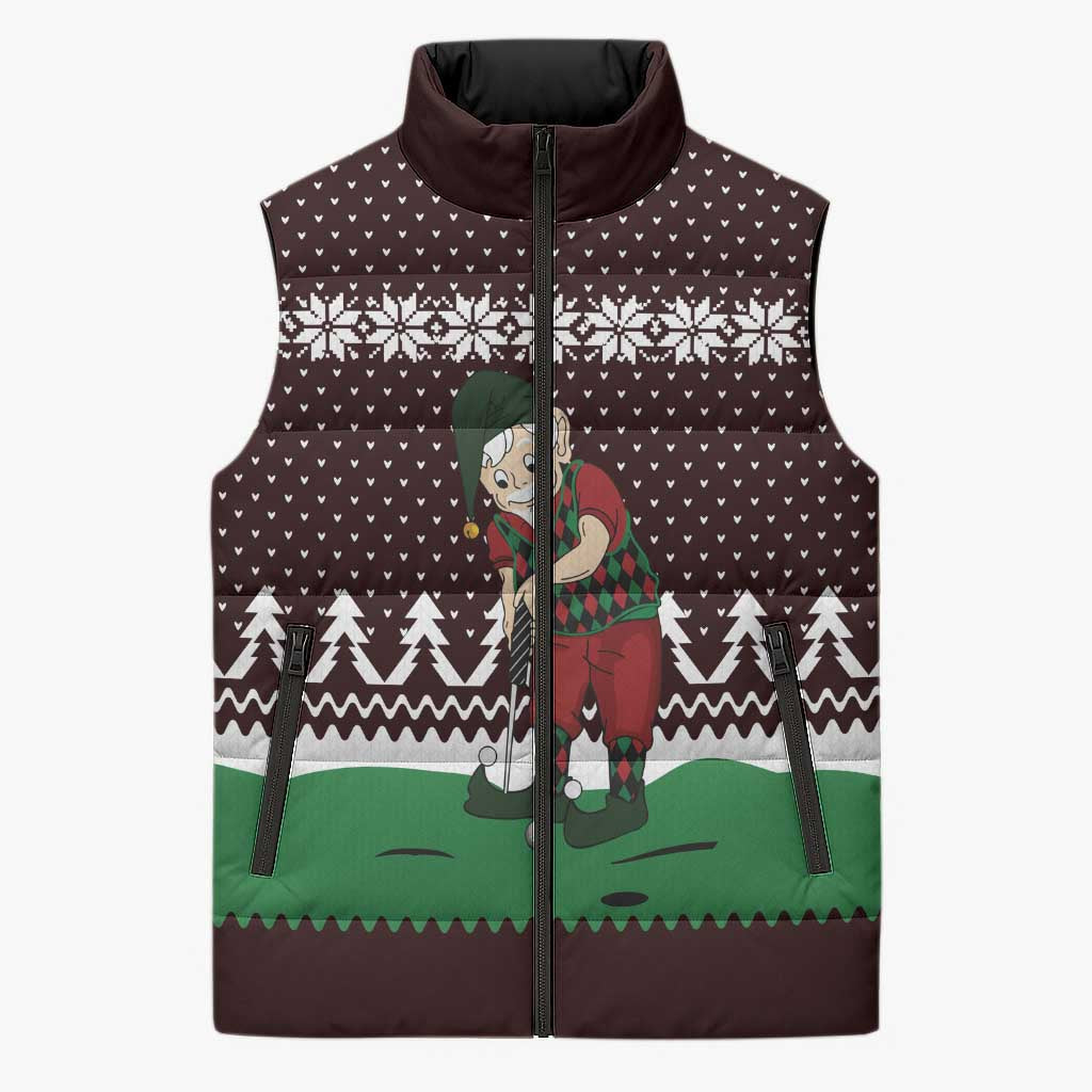 Christmas Golf Sleeveless Puffer Jacket with Elf Golfer Argyle Plaid and Snowflake Pattern - Wonder Print Shop