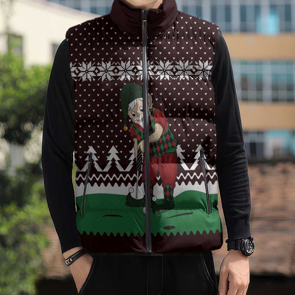 Christmas Golf Sleeveless Puffer Jacket with Elf Golfer Argyle Plaid and Snowflake Pattern - Wonder Print Shop