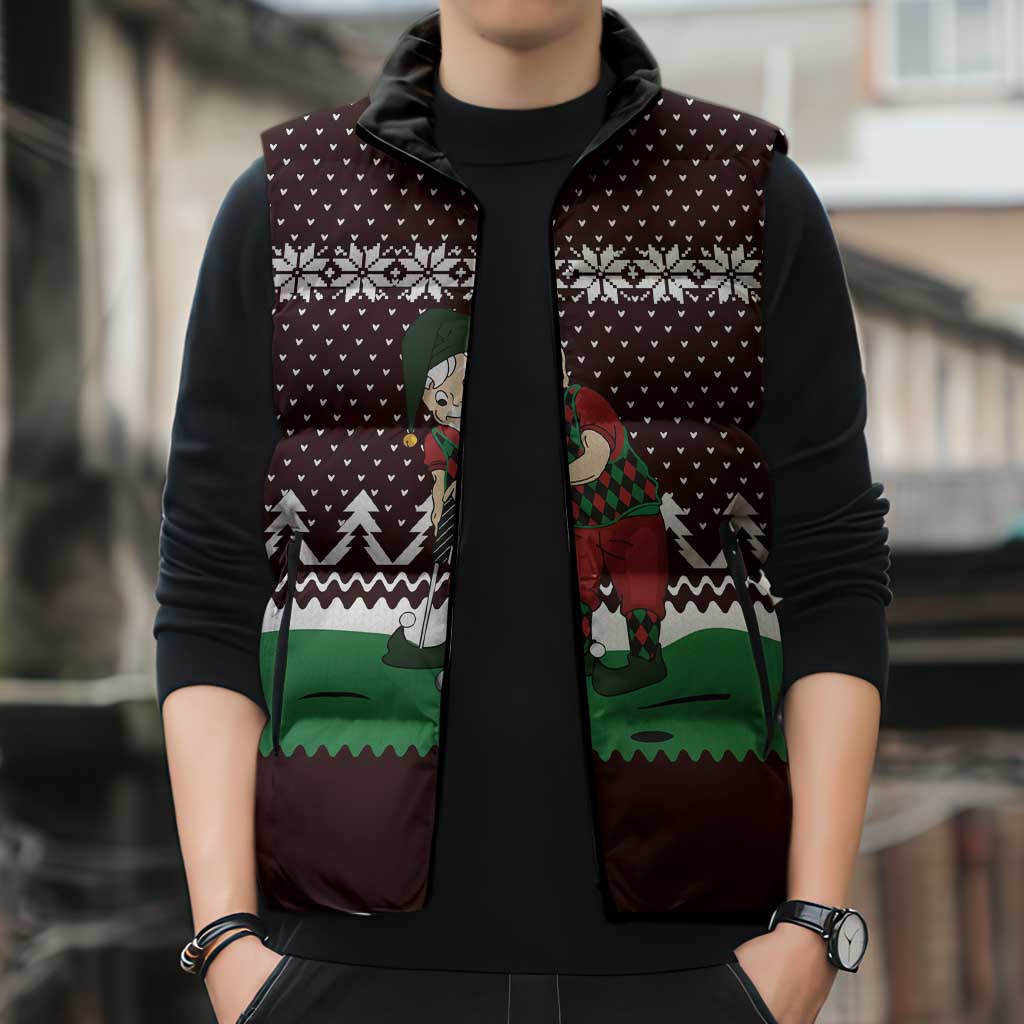 Christmas Golf Sleeveless Puffer Jacket with Elf Golfer Argyle Plaid and Snowflake Pattern - Wonder Print Shop