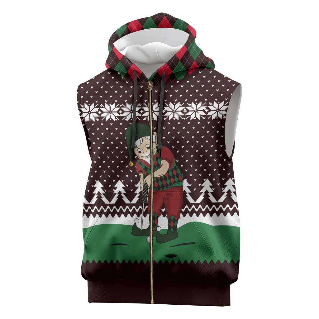 Christmas Golf Sleeveless Zip Hoodie with Elf Golfer Argyle Plaid and Snowflake Pattern - Wonder Print Shop