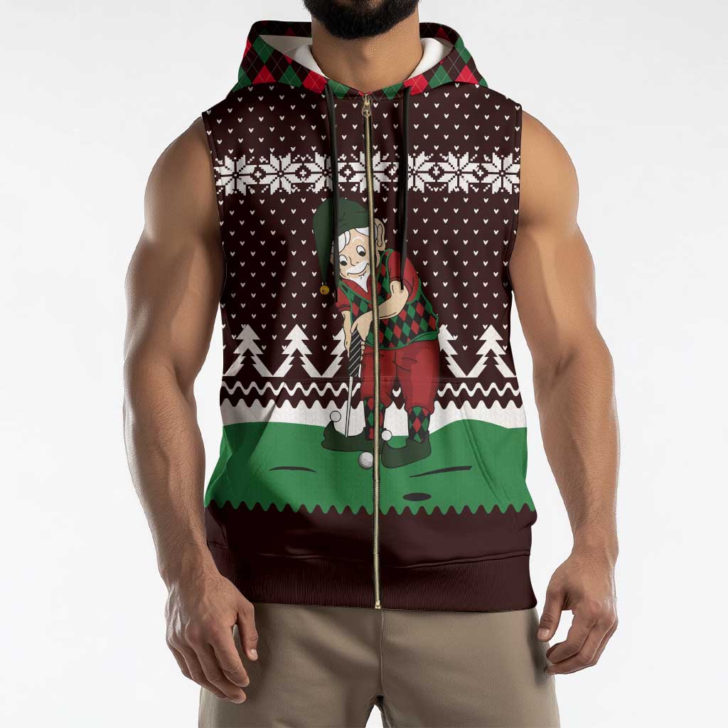 Christmas Golf Sleeveless Zip Hoodie with Elf Golfer Argyle Plaid and Snowflake Pattern - Wonder Print Shop