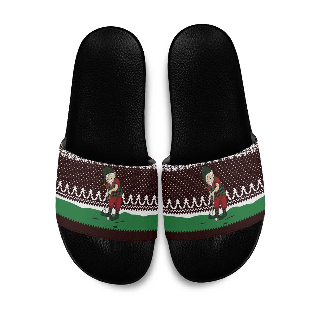 Christmas Golf Slide Sandals with Elf Golfer Argyle Plaid and Snowflake Pattern - Wonder Print Shop