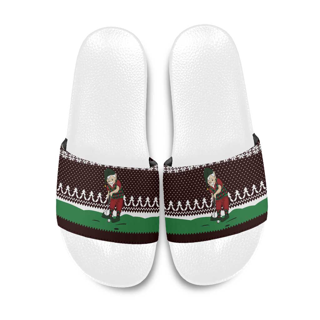 Christmas Golf Slide Sandals with Elf Golfer Argyle Plaid and Snowflake Pattern - Wonder Print Shop