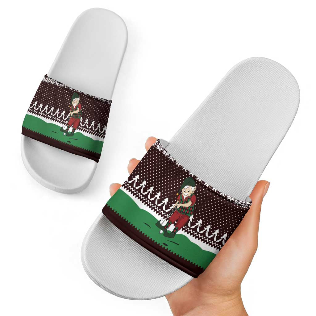 Christmas Golf Slide Sandals with Elf Golfer Argyle Plaid and Snowflake Pattern - Wonder Print Shop