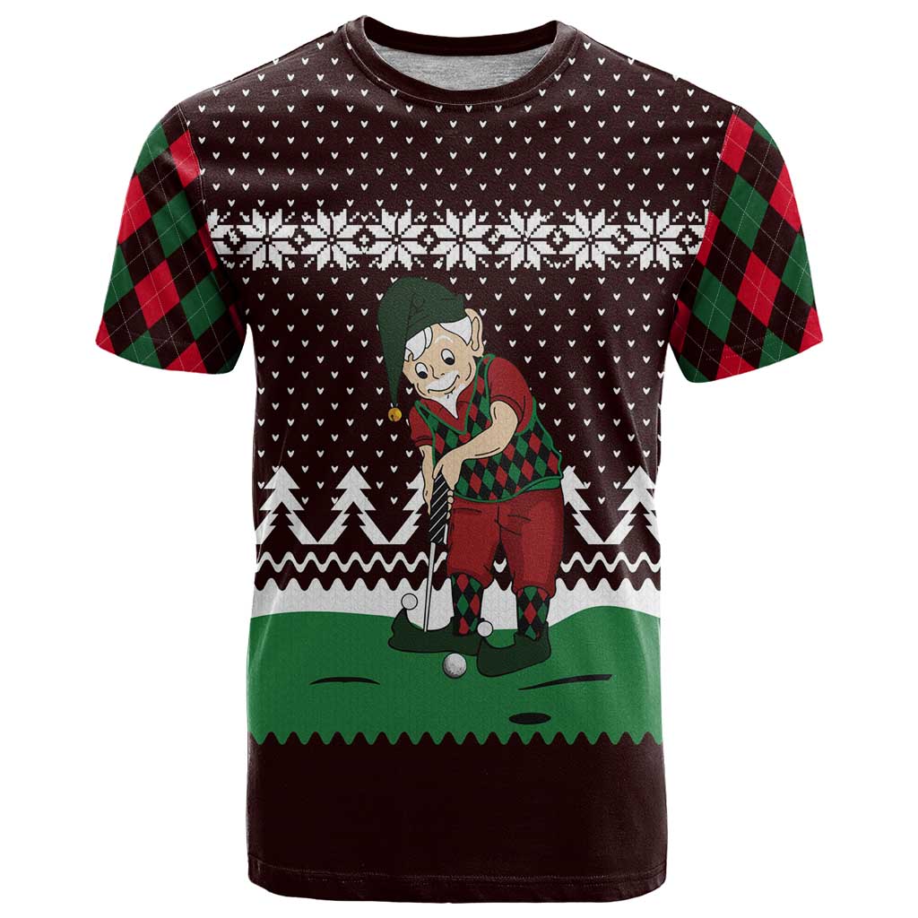 Christmas Golf T Shirt with Elf Golfer Argyle Plaid and Snowflake Pattern - Wonder Print Shop