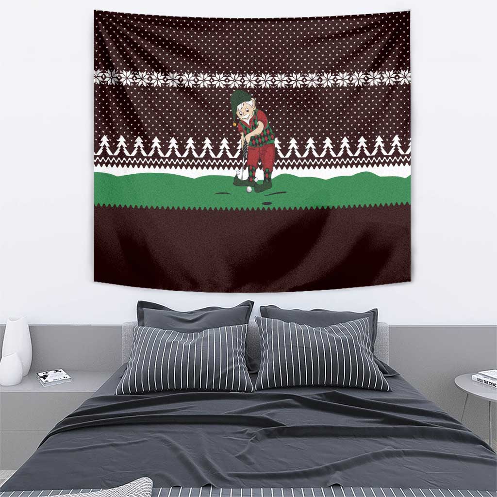 Christmas Golf Tapestry with Elf Golfer Argyle Plaid and Snowflake Pattern - Wonder Print Shop