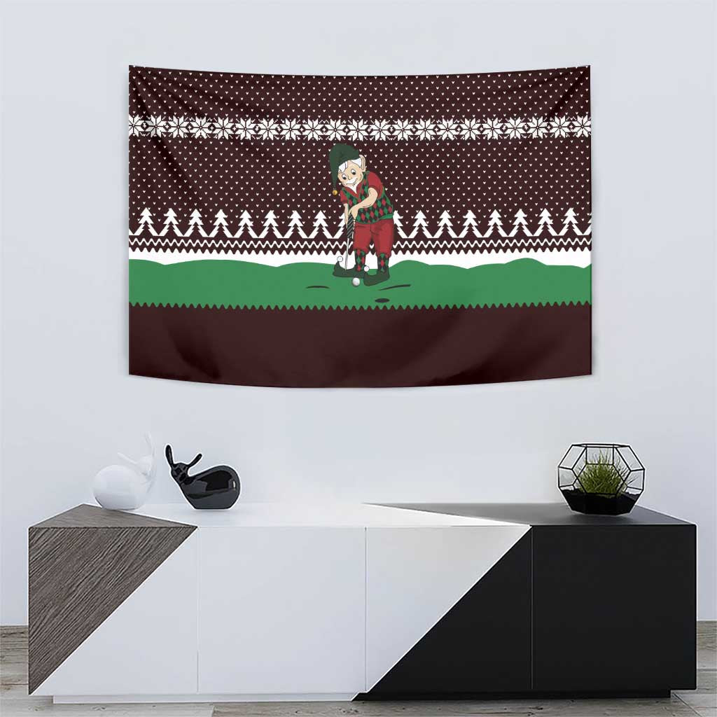 Christmas Golf Tapestry with Elf Golfer Argyle Plaid and Snowflake Pattern - Wonder Print Shop