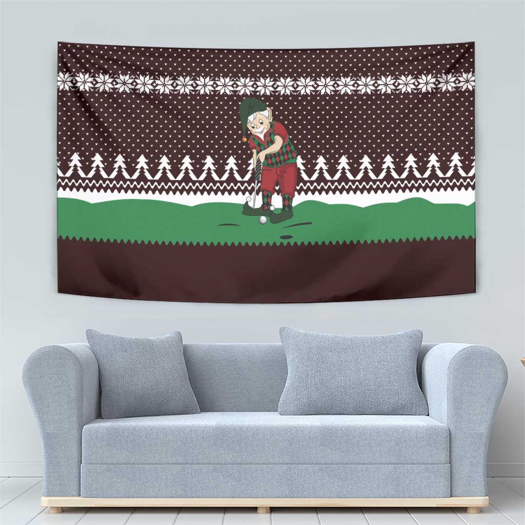 Christmas Golf Tapestry with Elf Golfer Argyle Plaid and Snowflake Pattern - Wonder Print Shop