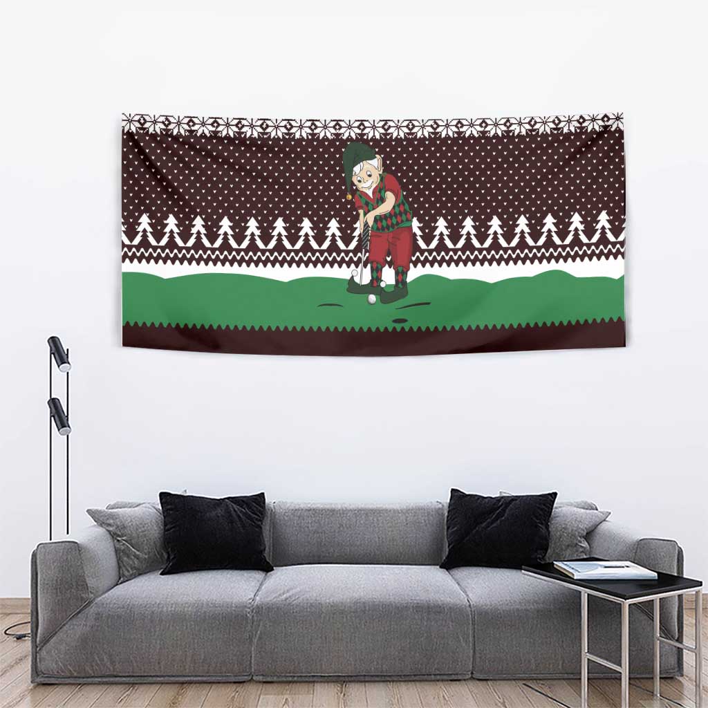 Christmas Golf Tapestry with Elf Golfer Argyle Plaid and Snowflake Pattern - Wonder Print Shop
