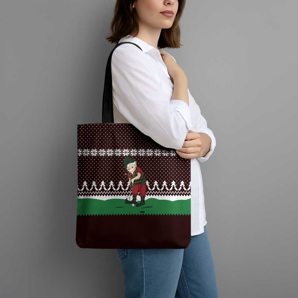 Christmas Golf Tote Bag with Elf Golfer Argyle Plaid and Snowflake Pattern - Wonder Print Shop