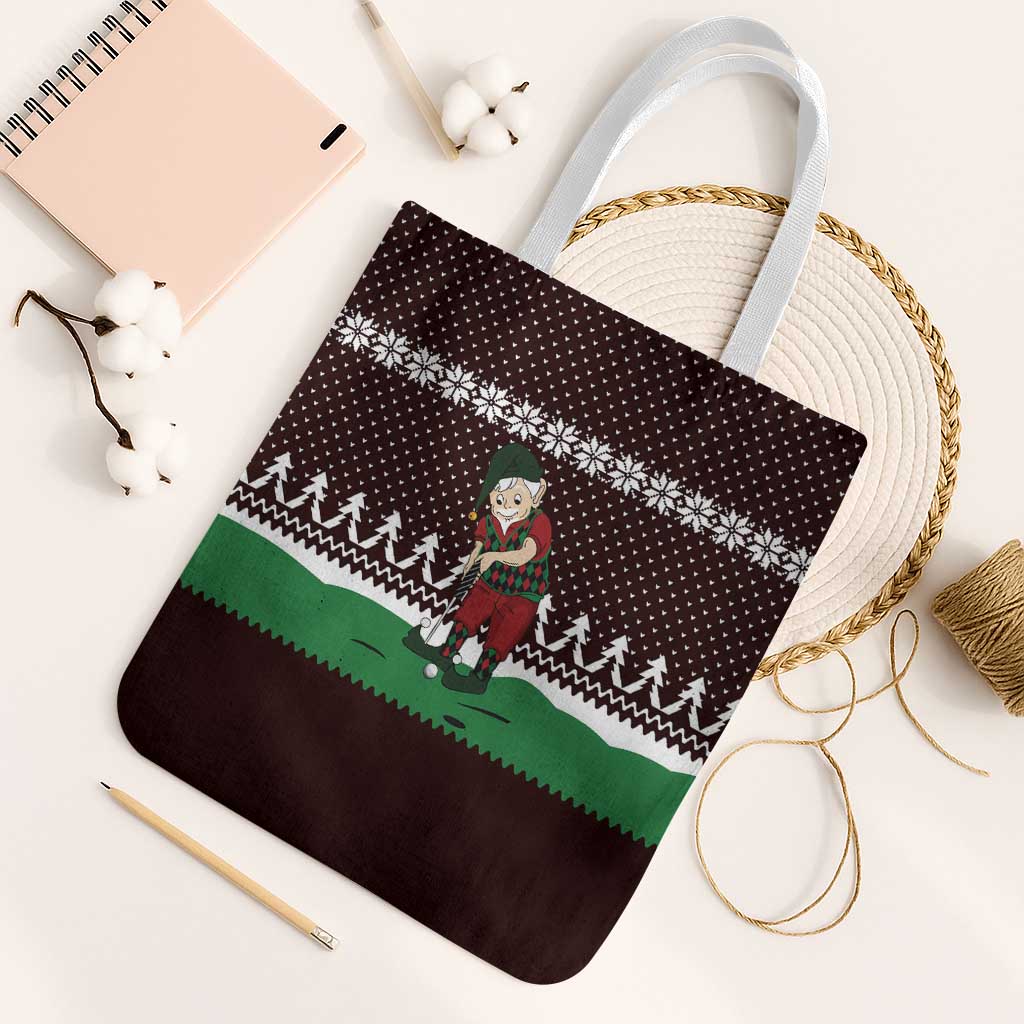 Christmas Golf Tote Bag with Elf Golfer Argyle Plaid and Snowflake Pattern - Wonder Print Shop