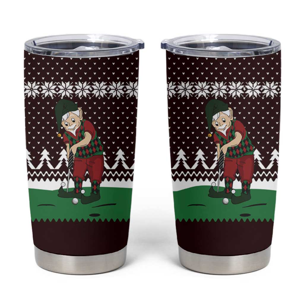 Christmas Golf Tumbler Cup with Elf Golfer Argyle Plaid and Snowflake Pattern - Wonder Print Shop