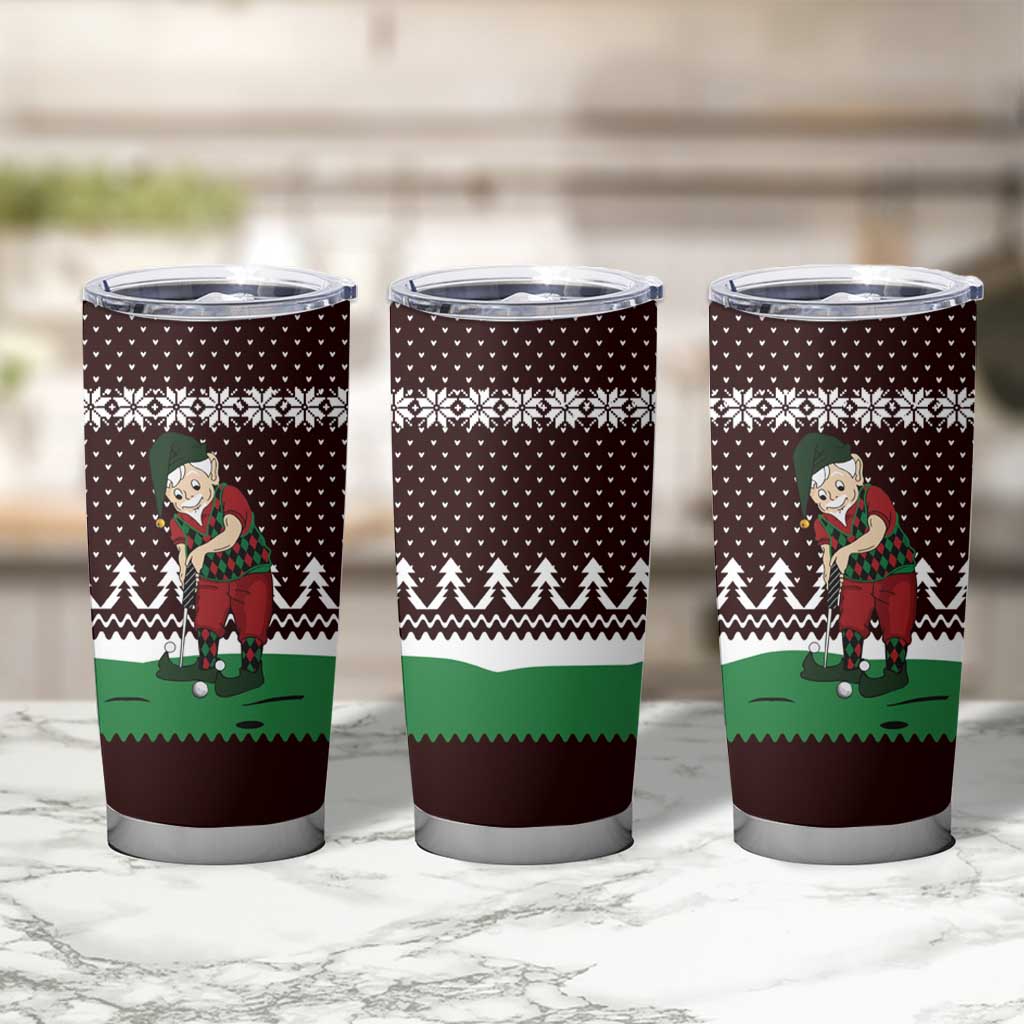 Christmas Golf Tumbler Cup with Elf Golfer Argyle Plaid and Snowflake Pattern - Wonder Print Shop