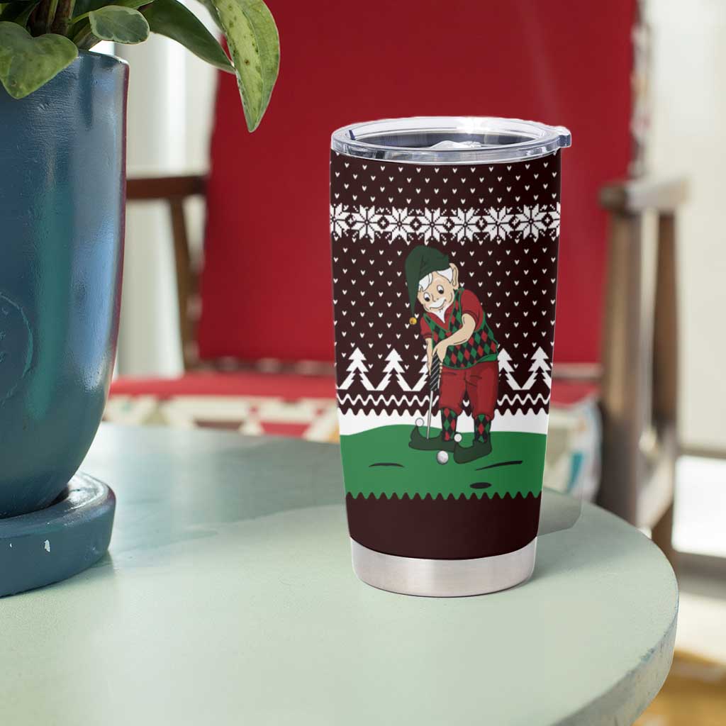 Christmas Golf Tumbler Cup with Elf Golfer Argyle Plaid and Snowflake Pattern - Wonder Print Shop