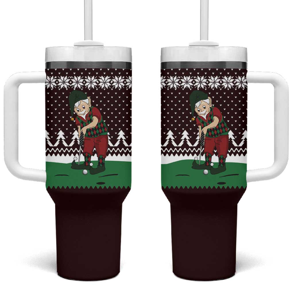 Christmas Golf Tumbler With Handle with Elf Golfer Argyle Plaid and Snowflake Pattern - Wonder Print Shop
