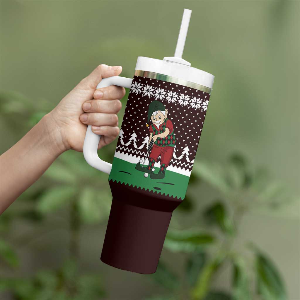 Christmas Golf Tumbler With Handle with Elf Golfer Argyle Plaid and Snowflake Pattern - Wonder Print Shop
