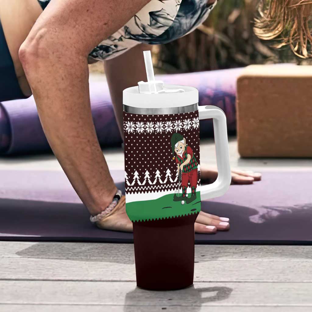 Christmas Golf Tumbler With Handle with Elf Golfer Argyle Plaid and Snowflake Pattern - Wonder Print Shop