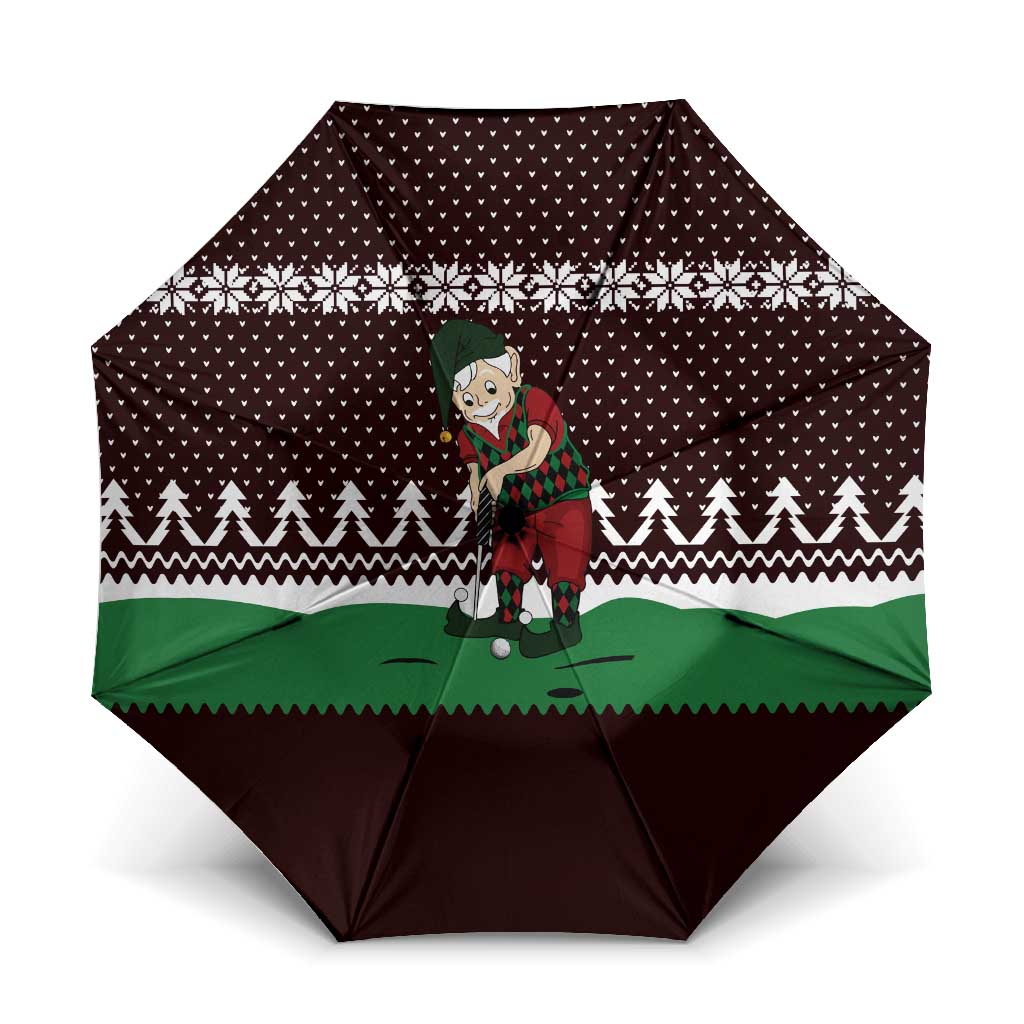 Christmas Golf Umbrella with Elf Golfer Argyle Plaid and Snowflake Pattern - Wonder Print Shop