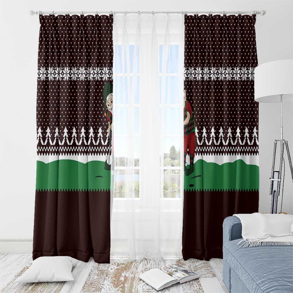 Christmas Golf Window Curtain with Elf Golfer Argyle Plaid and Snowflake Pattern - Wonder Print Shop