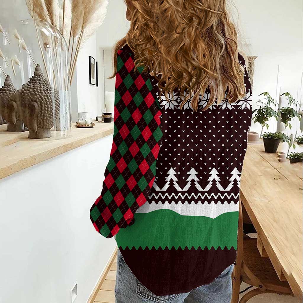 Christmas Golf Women Casual Shirt with Elf Golfer Argyle Plaid and Snowflake Pattern - Wonder Print Shop