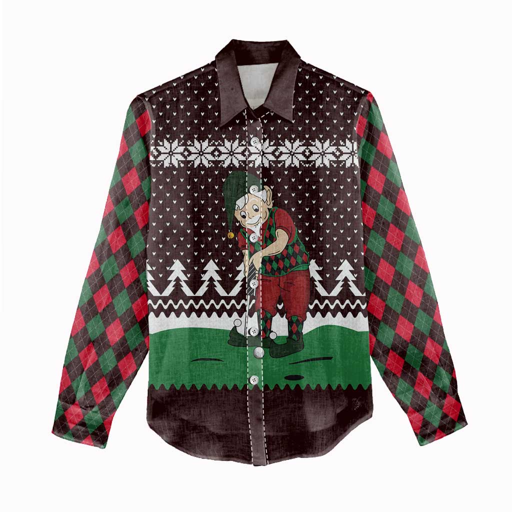 Christmas Golf Women Casual Shirt with Elf Golfer Argyle Plaid and Snowflake Pattern - Wonder Print Shop