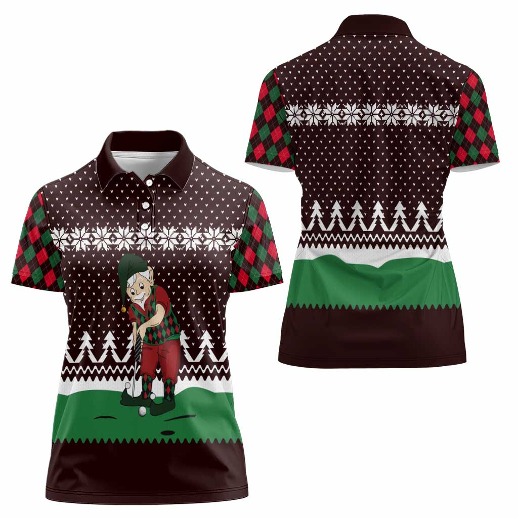 Christmas Golf Women Polo Shirt with Elf Golfer Argyle Plaid and Snowflake Pattern - Wonder Print Shop