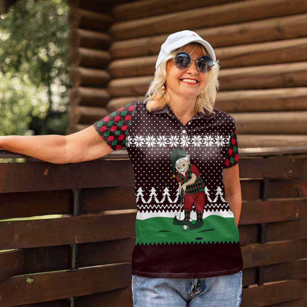 Christmas Golf Women Polo Shirt with Elf Golfer Argyle Plaid and Snowflake Pattern - Wonder Print Shop