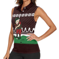 Christmas Golf Women Sleeveless Polo Shirt with Elf Golfer Argyle Plaid and Snowflake Pattern - Wonder Print Shop