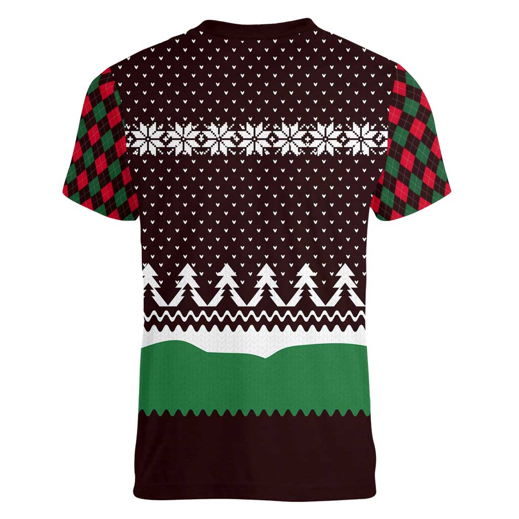 Christmas Golf Women V-Neck T-Shirt with Elf Golfer Argyle Plaid and Snowflake Pattern - Wonder Print Shop