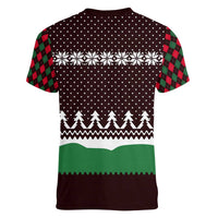 Christmas Golf Women V-Neck T-Shirt with Elf Golfer Argyle Plaid and Snowflake Pattern - Wonder Print Shop