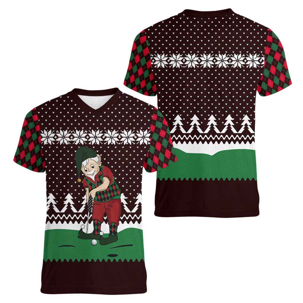 Christmas Golf Women V-Neck T-Shirt with Elf Golfer Argyle Plaid and Snowflake Pattern - Wonder Print Shop