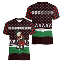 Christmas Golf Women V-Neck T-Shirt with Elf Golfer Argyle Plaid and Snowflake Pattern - Wonder Print Shop