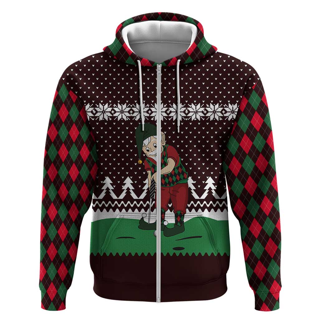 Christmas Golf Zip Hoodie with Elf Golfer Argyle Plaid and Snowflake Pattern - Wonder Print Shop