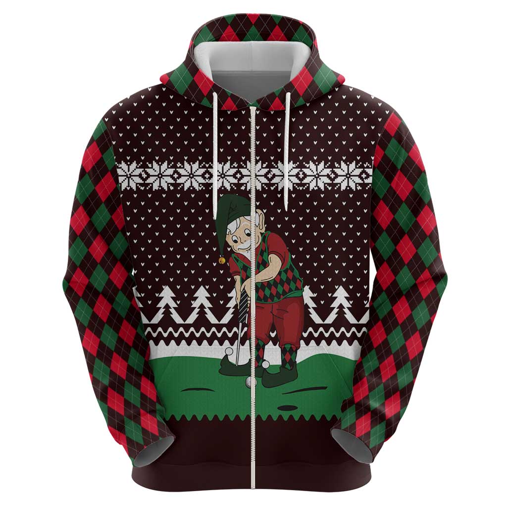 Christmas Golf Zip Hoodie with Elf Golfer Argyle Plaid and Snowflake Pattern - Wonder Print Shop