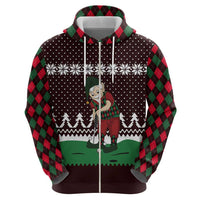 Christmas Golf Zip Hoodie with Elf Golfer Argyle Plaid and Snowflake Pattern - Wonder Print Shop