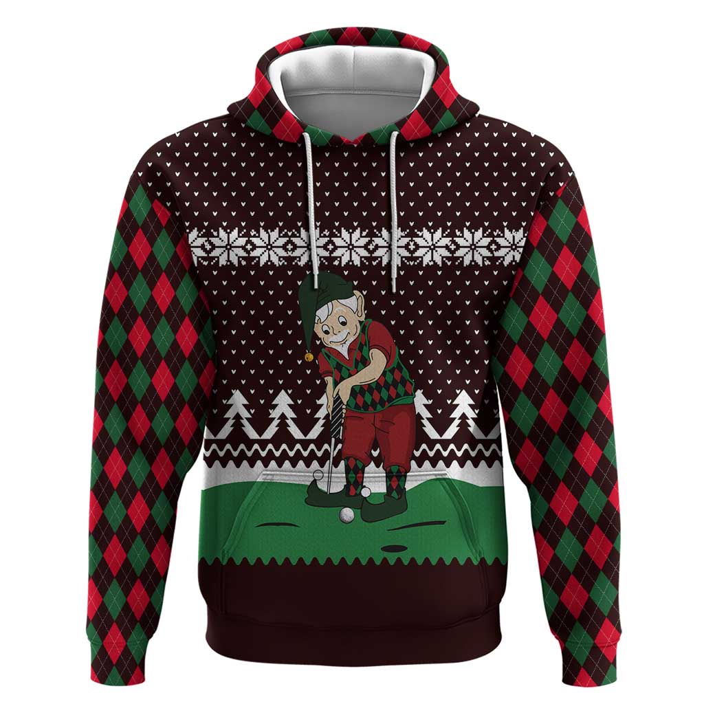 Christmas Golf Zip Hoodie with Elf Golfer Argyle Plaid and Snowflake Pattern - Wonder Print Shop