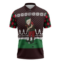 Christmas Golf Zipper Polo Shirt with Elf Golfer Argyle Plaid and Snowflake Pattern - Wonder Print Shop