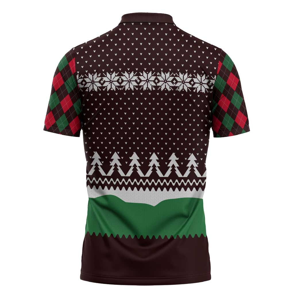 Christmas Golf Zipper Polo Shirt with Elf Golfer Argyle Plaid and Snowflake Pattern - Wonder Print Shop