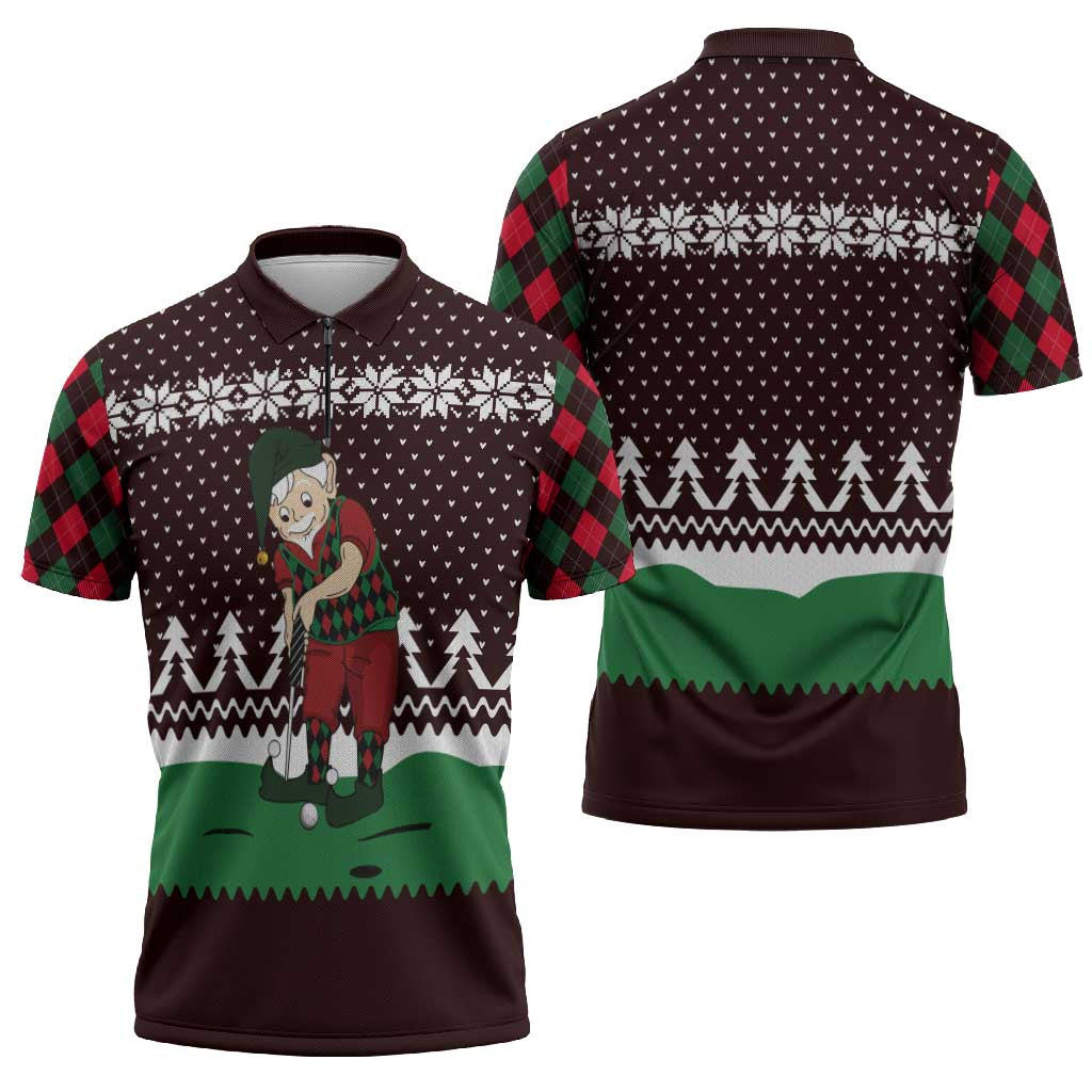 Christmas Golf Zipper Polo Shirt with Elf Golfer Argyle Plaid and Snowflake Pattern - Wonder Print Shop