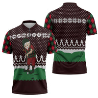 Christmas Golf Zipper Polo Shirt with Elf Golfer Argyle Plaid and Snowflake Pattern - Wonder Print Shop