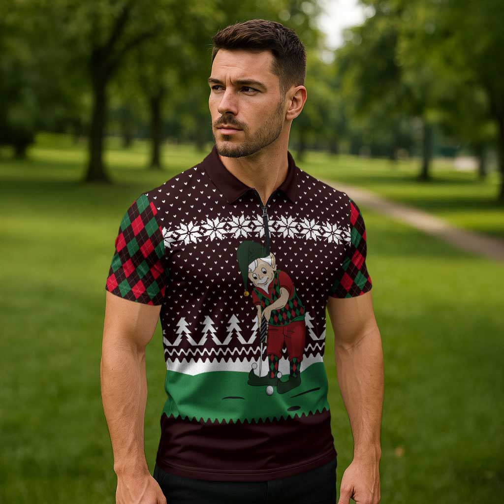 Christmas Golf Zipper Polo Shirt with Elf Golfer Argyle Plaid and Snowflake Pattern - Wonder Print Shop