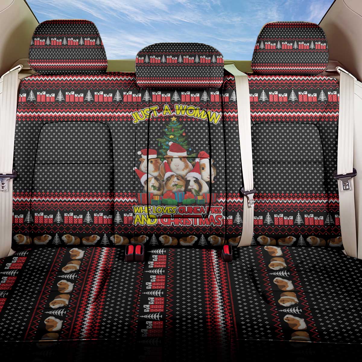 Guinea Pig Christmas Back Car Seat Cover with Santa Hats Tree and Festive Gift Pattern - Wonder Print Shop