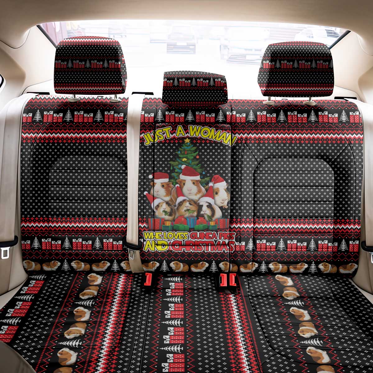 Guinea Pig Christmas Back Car Seat Cover with Santa Hats Tree and Festive Gift Pattern - Wonder Print Shop
